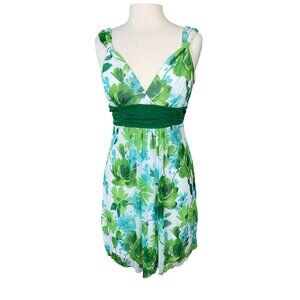 Speechless Sleeveless V-Neck Lined Green Floral Dress with Tie Sash Large